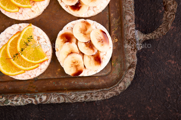 Snack with rice crispbread and fresh fruits - Stock Photo - Images