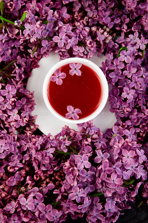Cup of tea and bouquet lilac - Stock Photo - Images