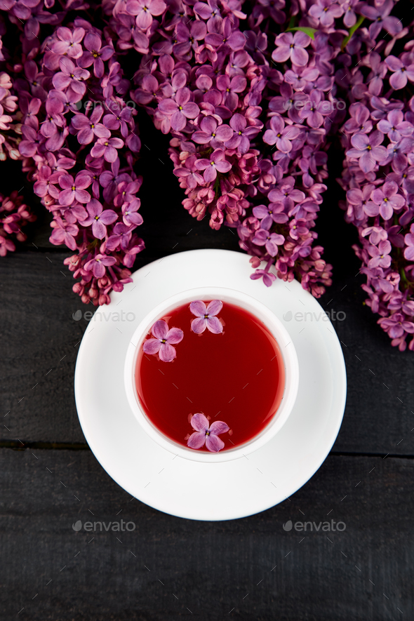 Cup of tea and bouquet lilac - Stock Photo - Images