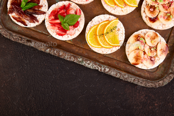 Snack with rice crispbread and fresh fruits - Stock Photo - Images