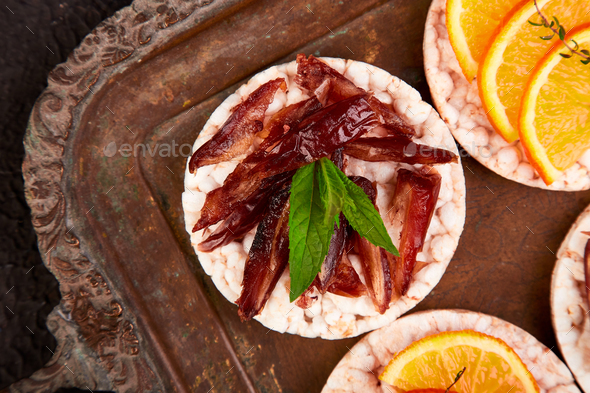 Snack with rice crispbread and fresh fruits - Stock Photo - Images