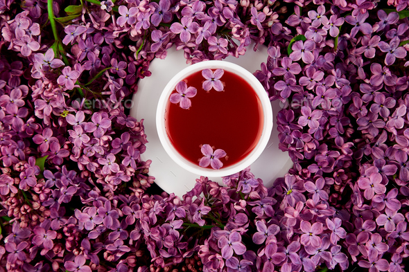 Cup of tea and bouquet lilac - Stock Photo - Images