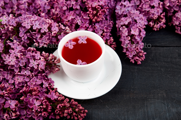 Cup of tea and bouquet lilac - Stock Photo - Images