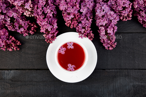 Cup of tea and bouquet lilac - Stock Photo - Images