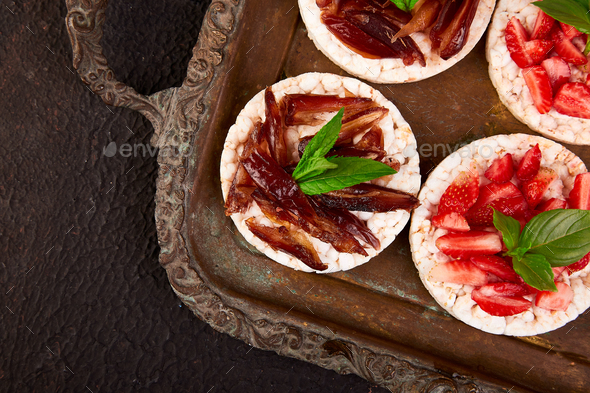 Snack with rice crispbread and fresh fruits - Stock Photo - Images