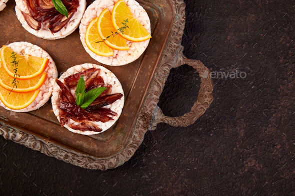 Snack with rice crispbread and fresh fruits - Stock Photo - Images