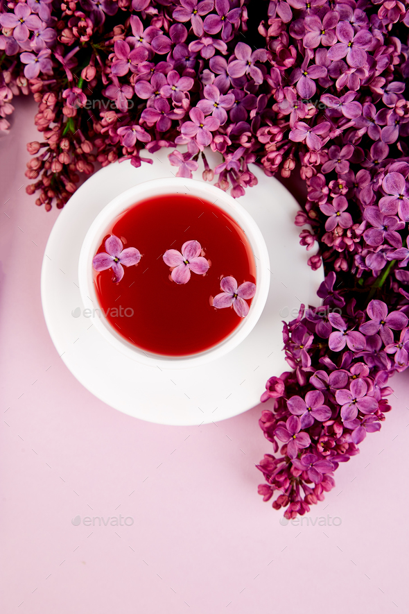 Cup of tea and bouquet lilac - Stock Photo - Images