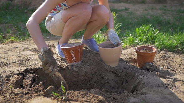 Girl Leaves Soil in Flower Pots