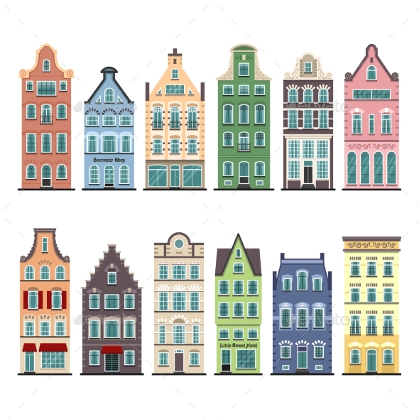 Set of 12 Amsterdam Old Houses Cartoon Facades - Buildings Objects