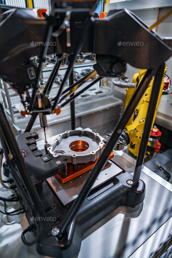 Metalworking CNC milling machine. Automated production cell meas - Stock Photo - Images