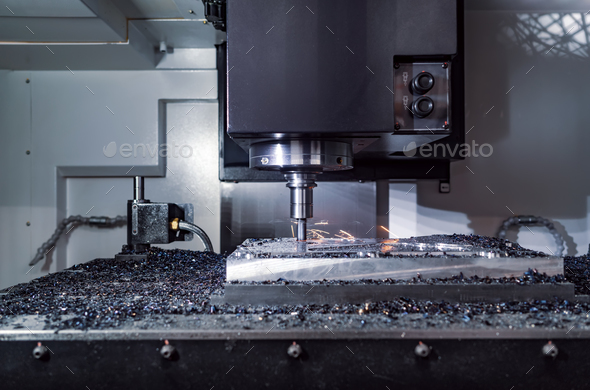 Metalworking CNC milling machine. Cutting metal modern processin - Stock Photo - Images