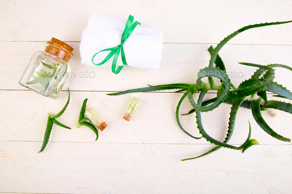Aloe vera oil in glass bottle and towel for spa - Stock Photo - Images