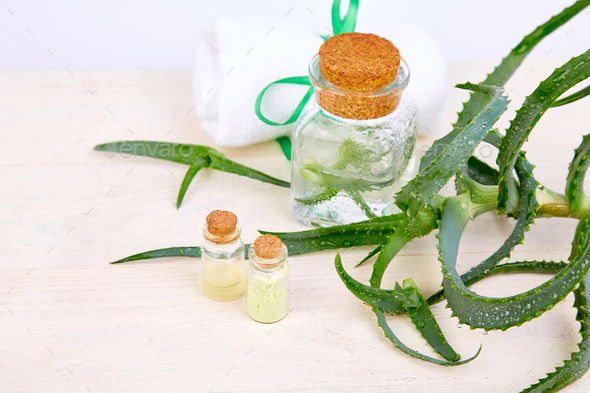 Aloe vera oil in glass bottle and towel for spa - Stock Photo - Images
