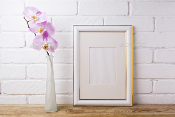 Gold decorated frame mockup with tender pink orchid - Stock Photo - Images
