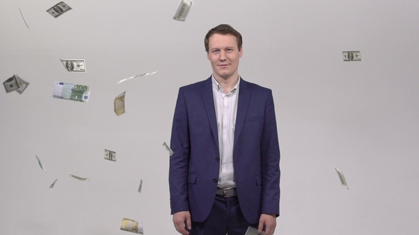Businessman Stands in the Rain Out of Money in a White Studio alt