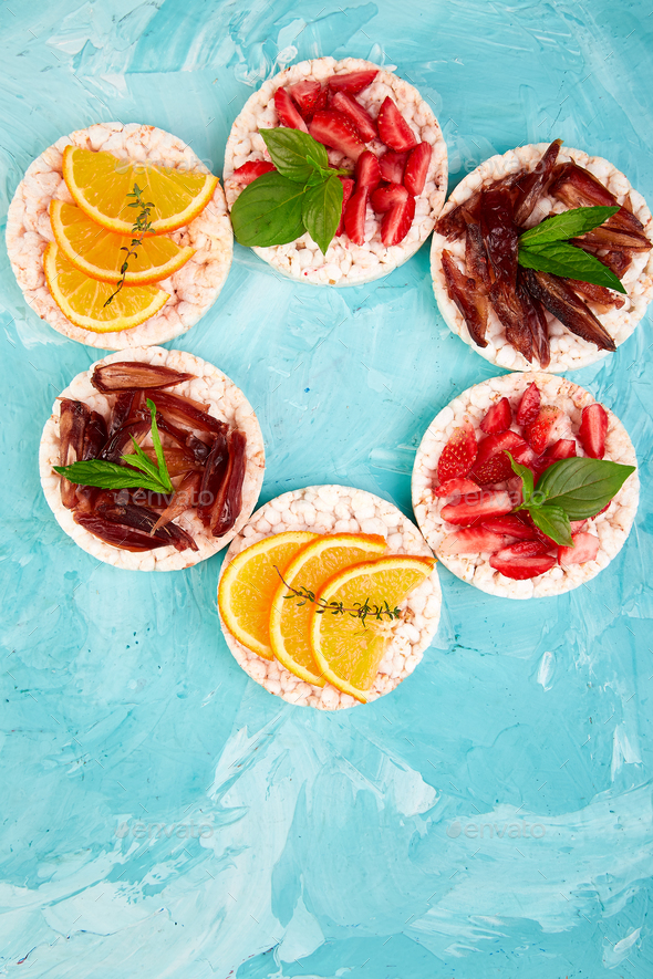 Snack with rice crispbread and fresh fruits - Stock Photo - Images