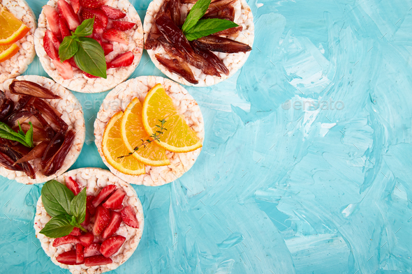 Snack with rice crispbread and fresh fruits - Stock Photo - Images