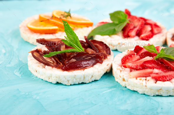Snack with rice crispbread and fresh fruits - Stock Photo - Images