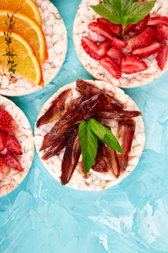 Snack with rice crispbread and fresh fruits - Stock Photo - Images