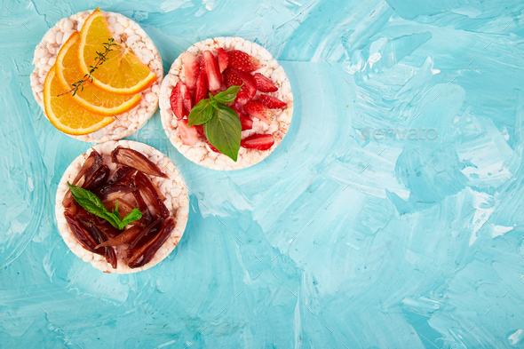Snack with rice crispbread and fresh fruits - Stock Photo - Images