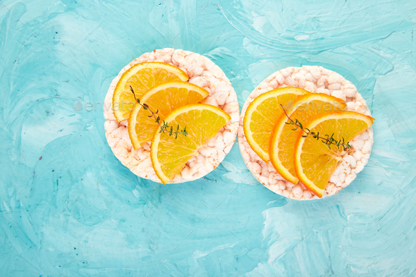 Snack with rice crispbread and fresh fruits - Stock Photo - Images