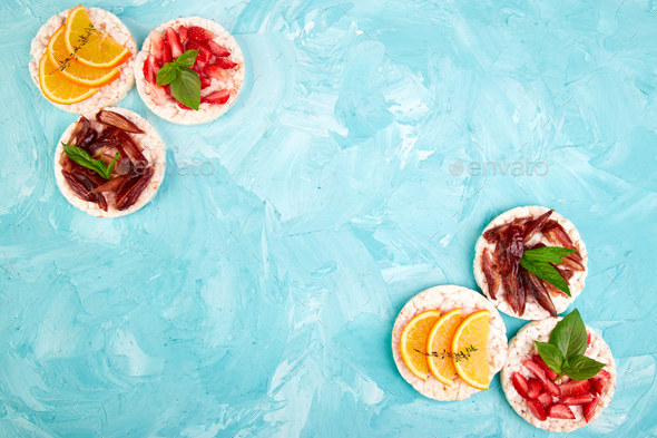Snack with rice crispbread and fresh fruits - Stock Photo - Images