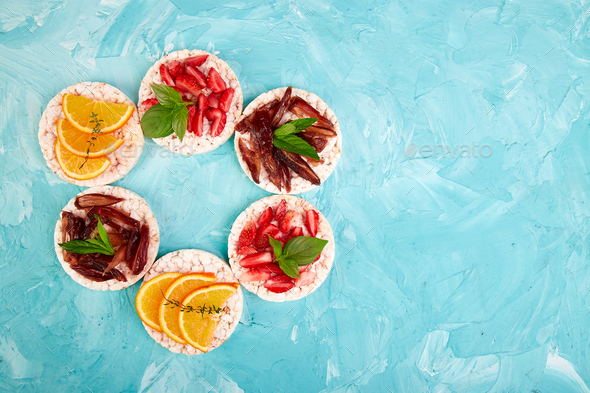 Snack with rice crispbread and fresh fruits - Stock Photo - Images