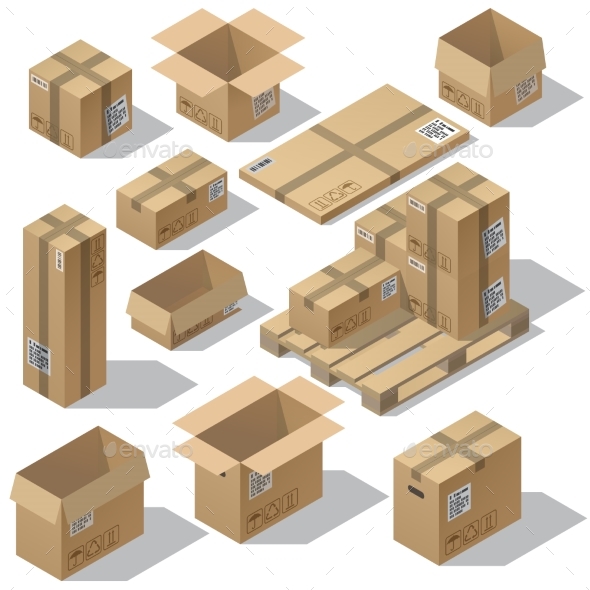Vector Isometric Set of Cardboard Packaging - Man-made Objects Objects