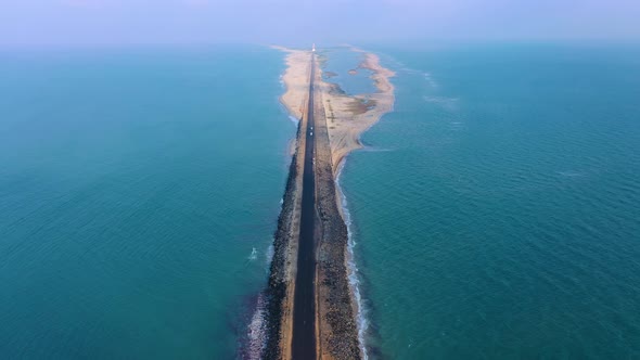 Dhanushkodi from above, full view of road through the sea alt