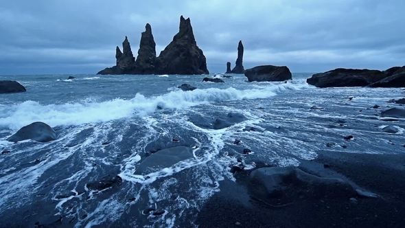 The Rock Troll Toes. Reynisdrangar Cliffs. Black Sand Beach
