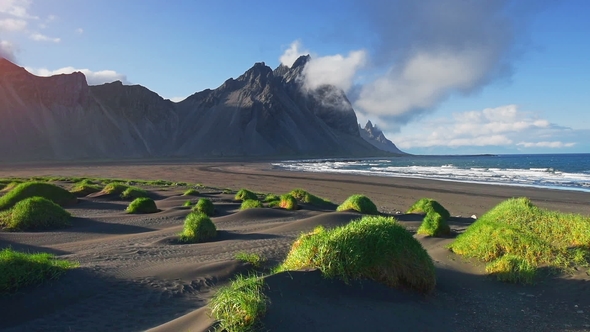 Fantastic West of the Mountains and Volcanic Lava Sand Dunes on the Beach Stokksness, Iceland