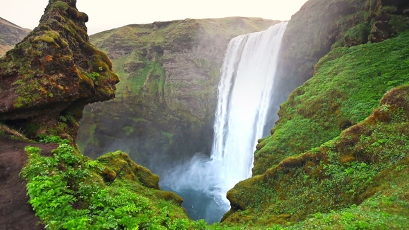 Great Waterfall Skogafoss in South of Iceland Near the Town of Skogar