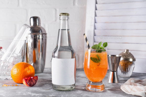 Cocktail Negroni with orange and whiskey on white wooden background , - Stock Photo - Images