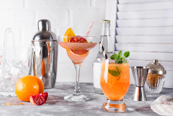 Paloma cocktail with fresh grapefruit, orange and mint - Stock Photo - Images