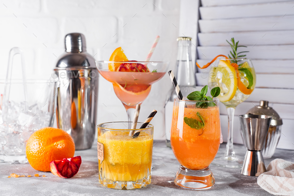 Refreshing summer cocktails with fruits and hot pepper, Bar accessories and fruits - Stock Photo - Images