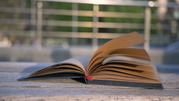 Wind Turns the Pages of a Blank Book Lying on a Bench. Very Nice and Designer Notebook on the Street