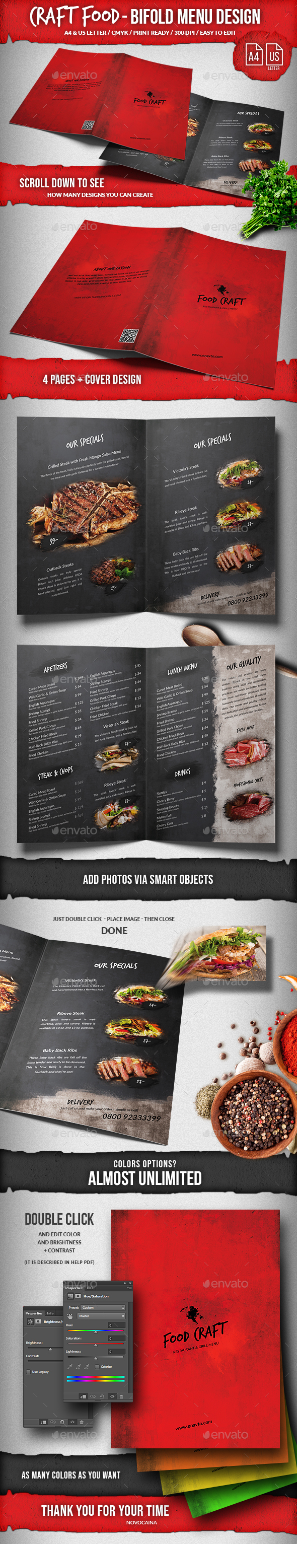 Craft Food Bifold Menu - A4 & US Letter. Very Editable. - Food Menus Print Templates