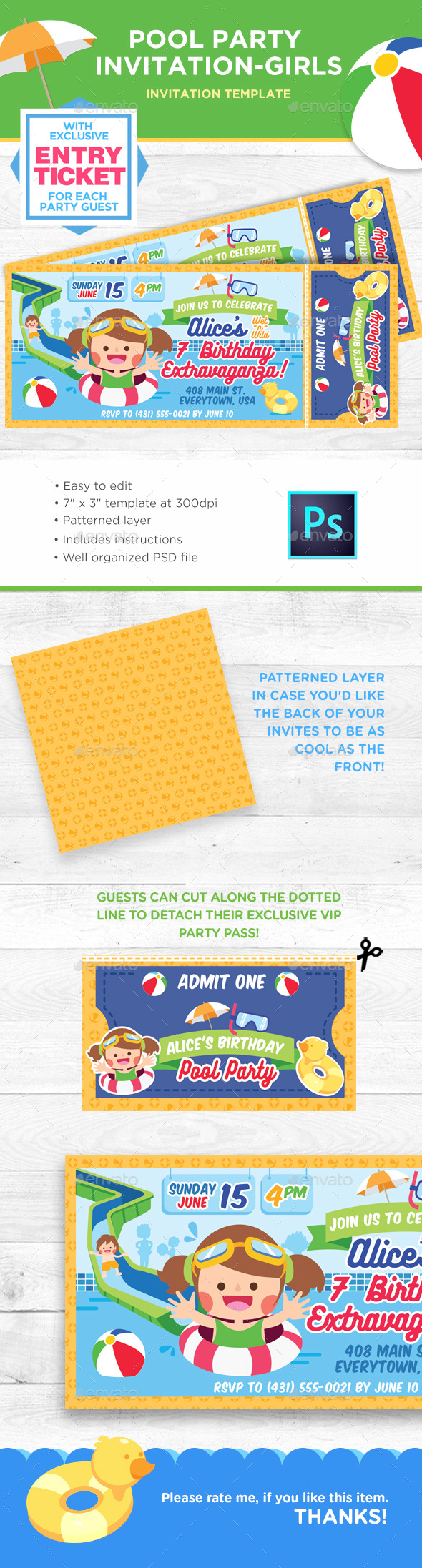 Pool Party Birthday Invitation for Girls - Birthday Greeting Cards
