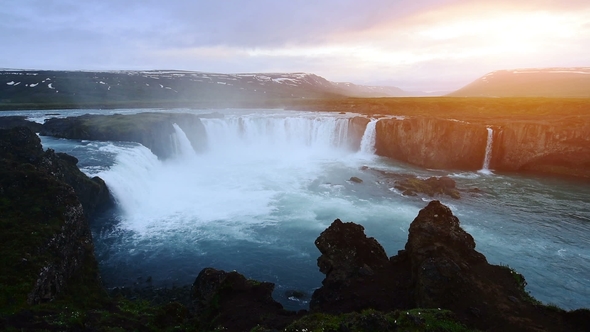Fantastic Sunset. Hodafoss Very Beautiful Icelandic Waterfall 12 Meters High