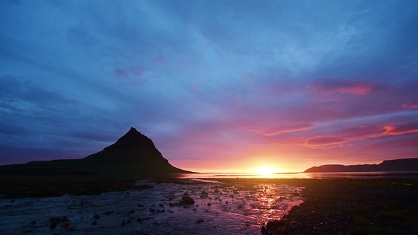 Fantastic Sunset in Iceland, a Sharp-mountain Mountain and a Pink Sky