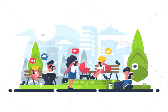 People in Green Park Using Gadgets - Miscellaneous Vectors