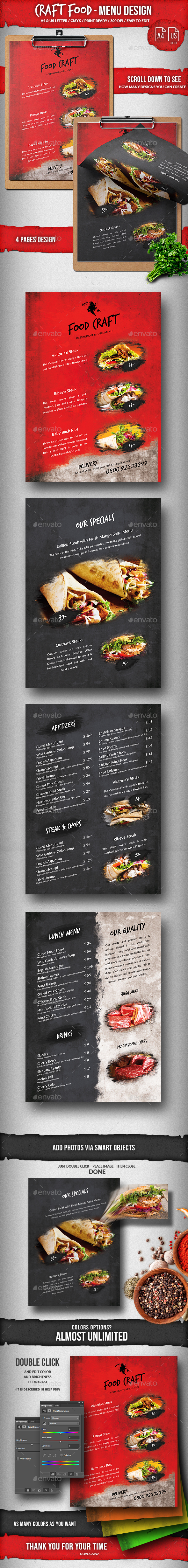 Craft Food Single 4 Pages A4 & US Letter Design - Food Menus Print Templates