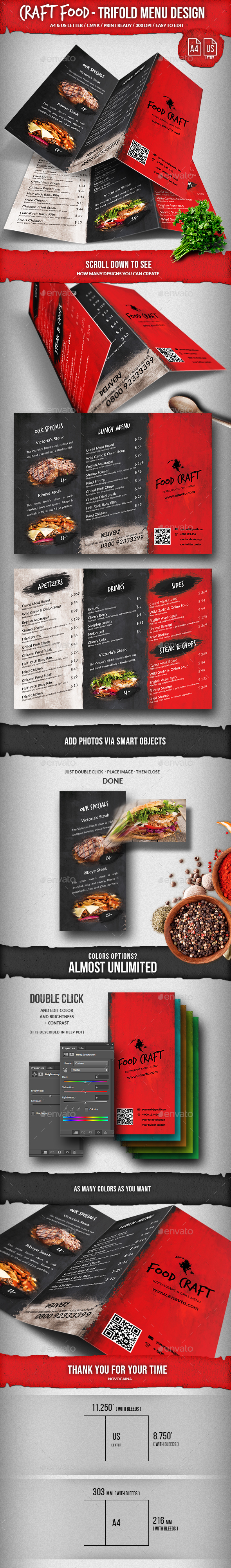 Craft Food Trifold A4 & US Letter Menu Design - Food Menus Print Templates