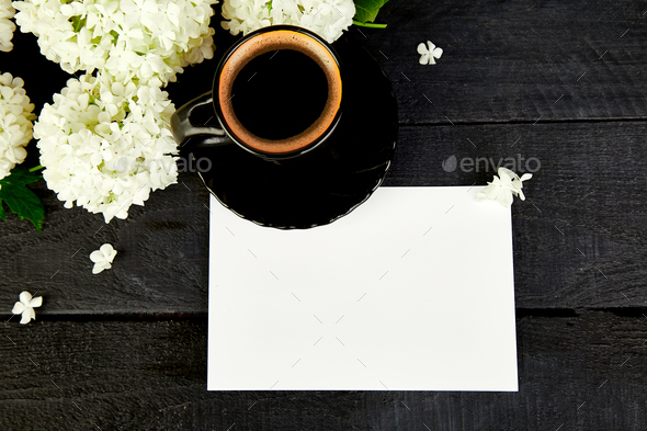 Cup of coffee with bouquet hydrangea - Stock Photo - Images