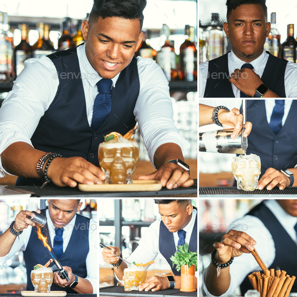 Expert bartender prepares cocktail collage - Stock Photo - Images