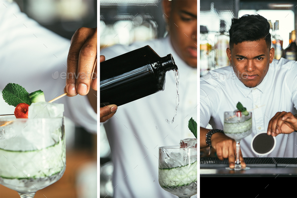 Expert barman prepares cocktail collage - Stock Photo - Images