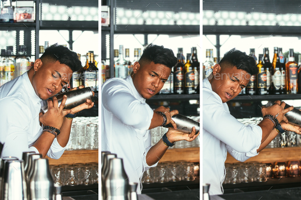 Expert bartender preparing cocktail collage - Stock Photo - Images