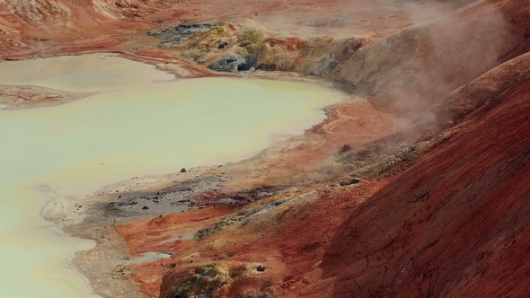 Eruption of Geyser in Iceland. Red Soil, Like the Surface of the Planet Mars