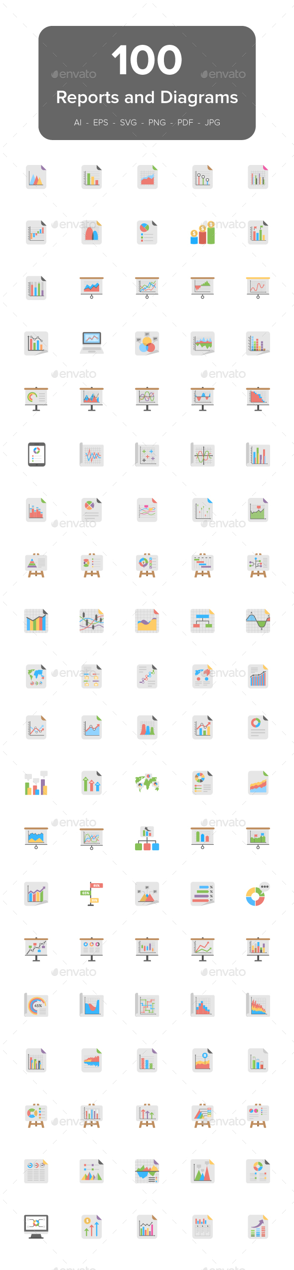 100 Reports and Diagrams Flat Icons - Icons