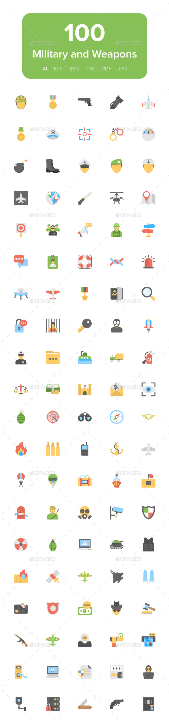 100 Military and Weapons Flat Icons - Icons